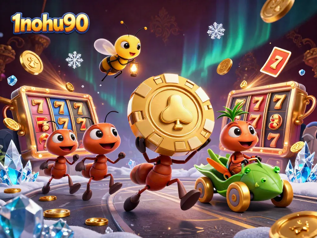 1nohu90 showcases ants' heist with slot reels amidst a vibrant casino-themed adventure.