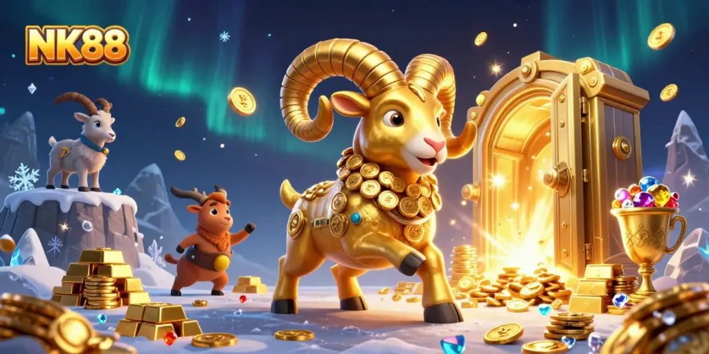 Join NK88 to witness a 3D golden ram bursting through a treasure vault in this dynamic casino illustration.
