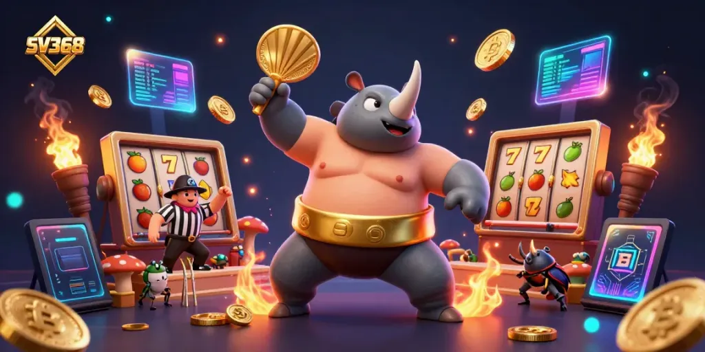 Experience thrilling gameplay at SV368 with a dynamic 3D scene of casino excitement featuring a beetle champion.