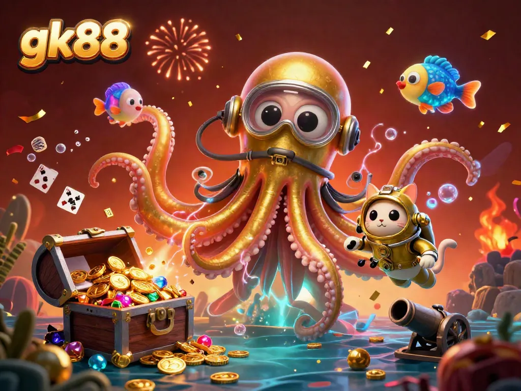 Experience thrilling gaming adventures with gk88, featuring a kraken, diving cat, and underwater treasures.
