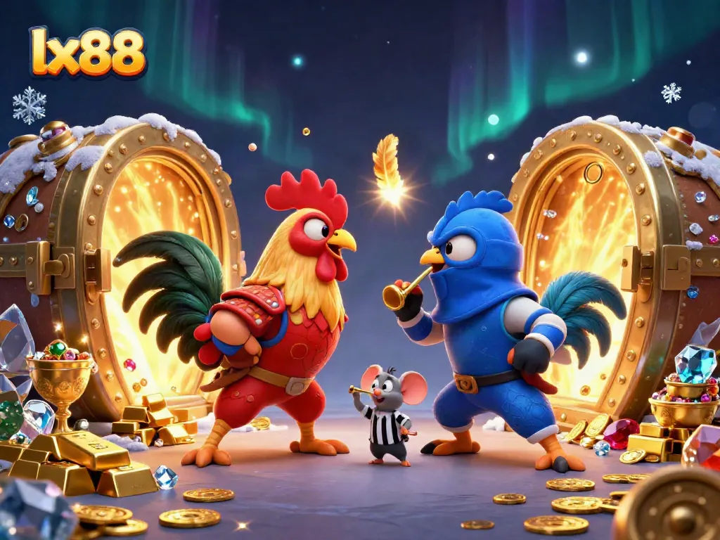 Engage with the thrilling cockfighting scene showcasing lx88 characters in dramatic showdown amidst riches and casino elements.