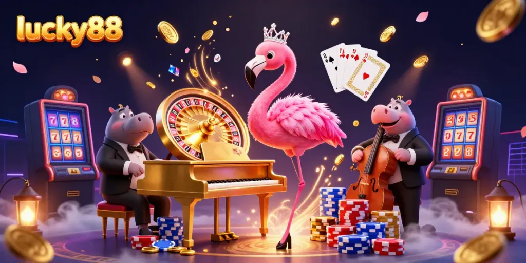 Engage with exciting lucky88 casino gaming in a vibrant, dynamic 3D illustration filled with action and energy.