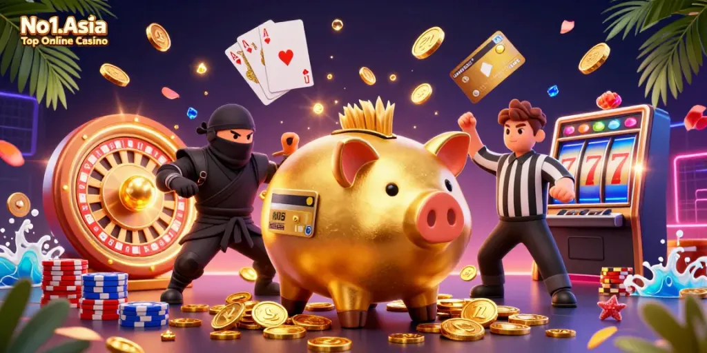 Experience the thrill with No1.Asia Top Online Casino in a vibrant 3D casino scene full of action.