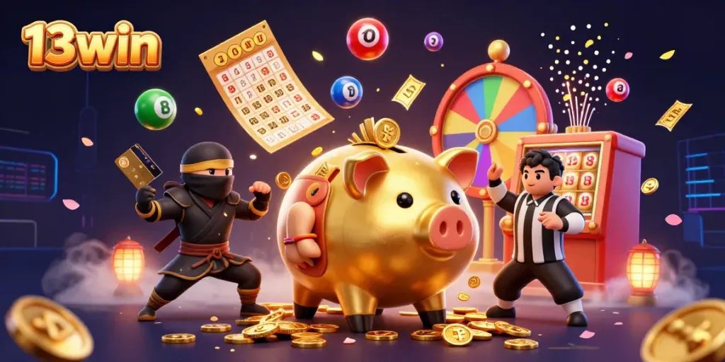 Experience the excitement of 13win with vibrant characters and dynamic casino elements in this 3D illustration.