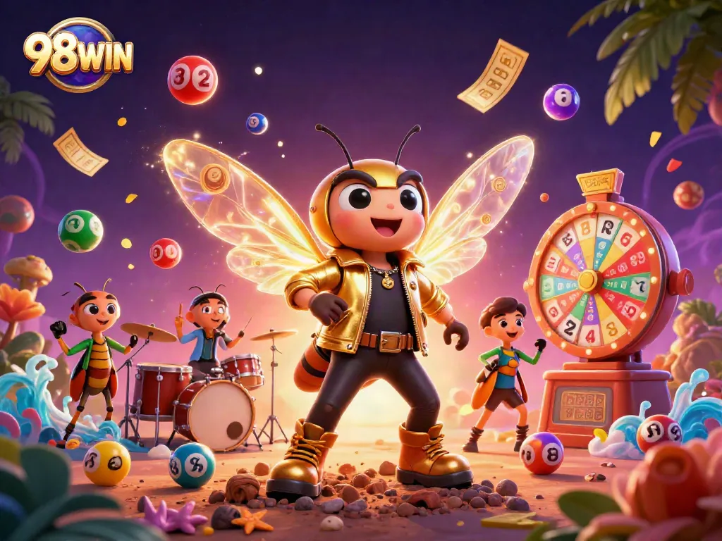 Engage in thrilling gameplay at 98WIN with a vibrant casino scene of colorful lottery elements and lively characters.