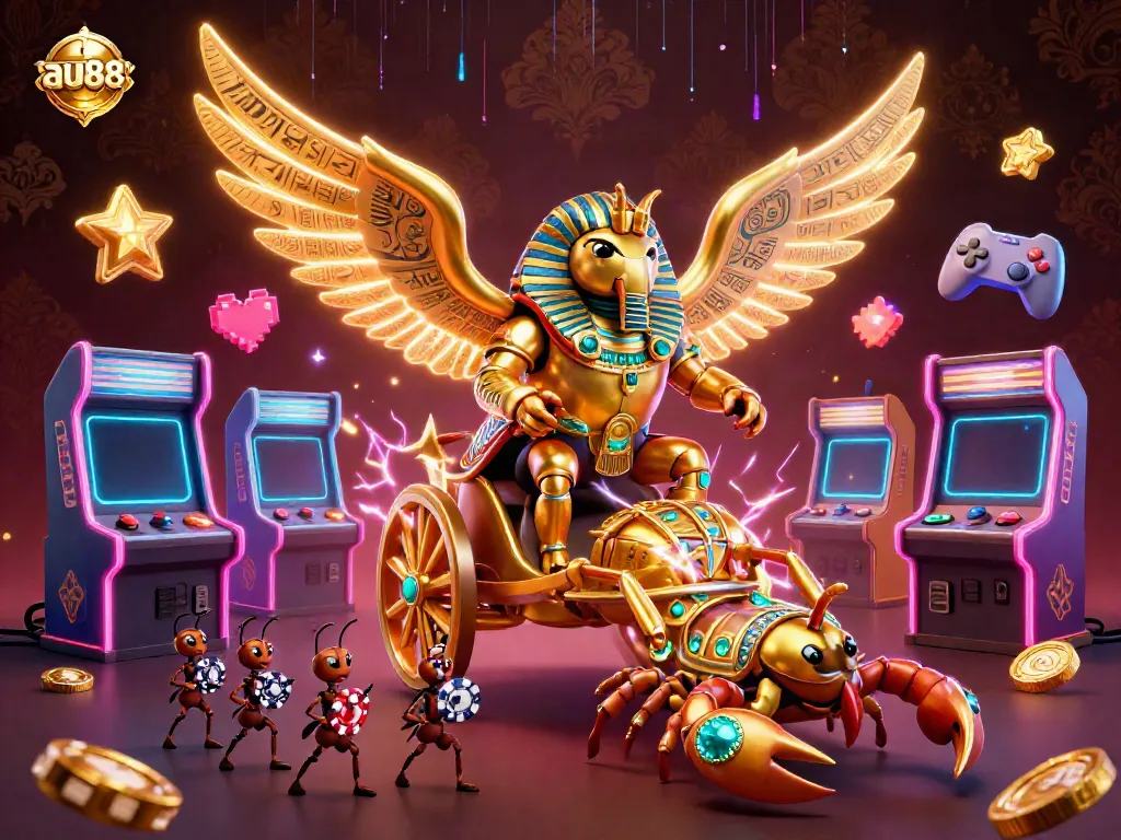 Experience the vibrant world of au88 with a golden scarab and scorpions set in a dynamic casino scene.