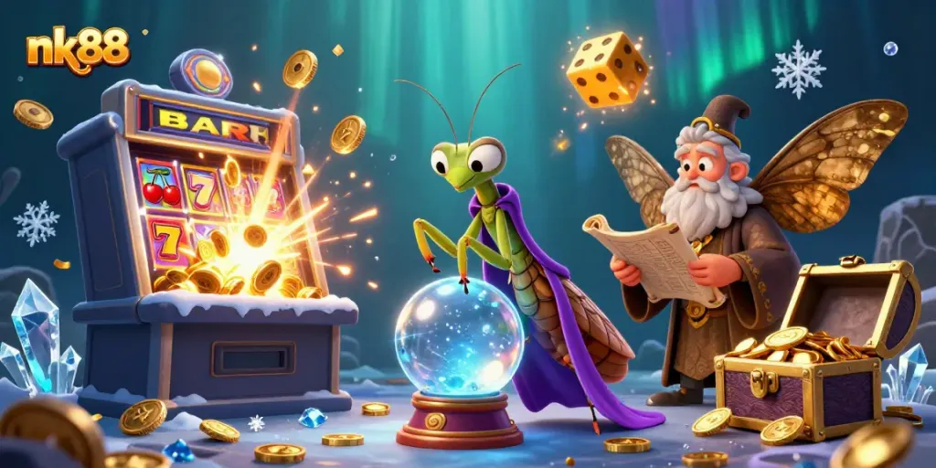 Experience the mystical allure of nk88 as a cartoon praying mantis fortune teller and moth librarian spark fortune amidst dynamic casino elements.