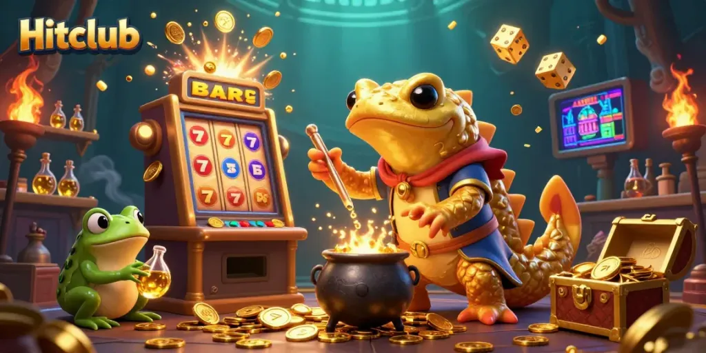 Engage with Hitclub's casino excitement as a golden salamander alchemist reveals treasures in a vibrant 3D illustration.