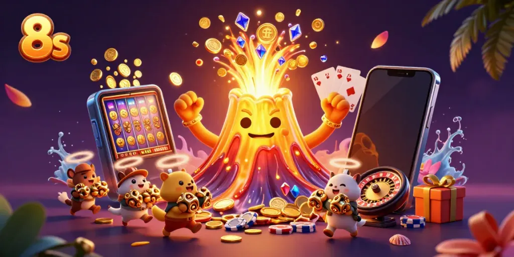 Experience the excitement of 8s casino games with a golden volcano, treasure seekers, and vibrant gaming elements.
