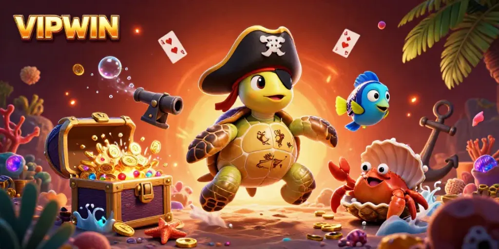 Engaging VIPWIN scene featuring a pirate turtle and friends surrounded by treasure and casino elements.