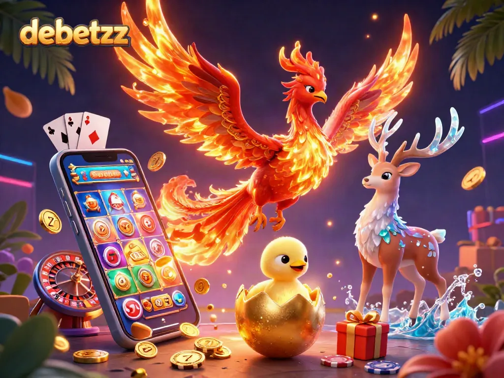 Engage with debetzz's dynamic gaming world featuring a phoenix, vibrant slots, and mystical elements.