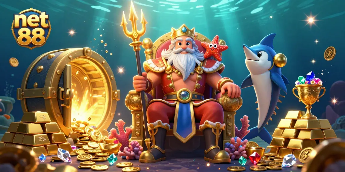 Experience the thrill of net 88 with this vibrant casino-themed underwater scene, showcasing treasure and excitement.