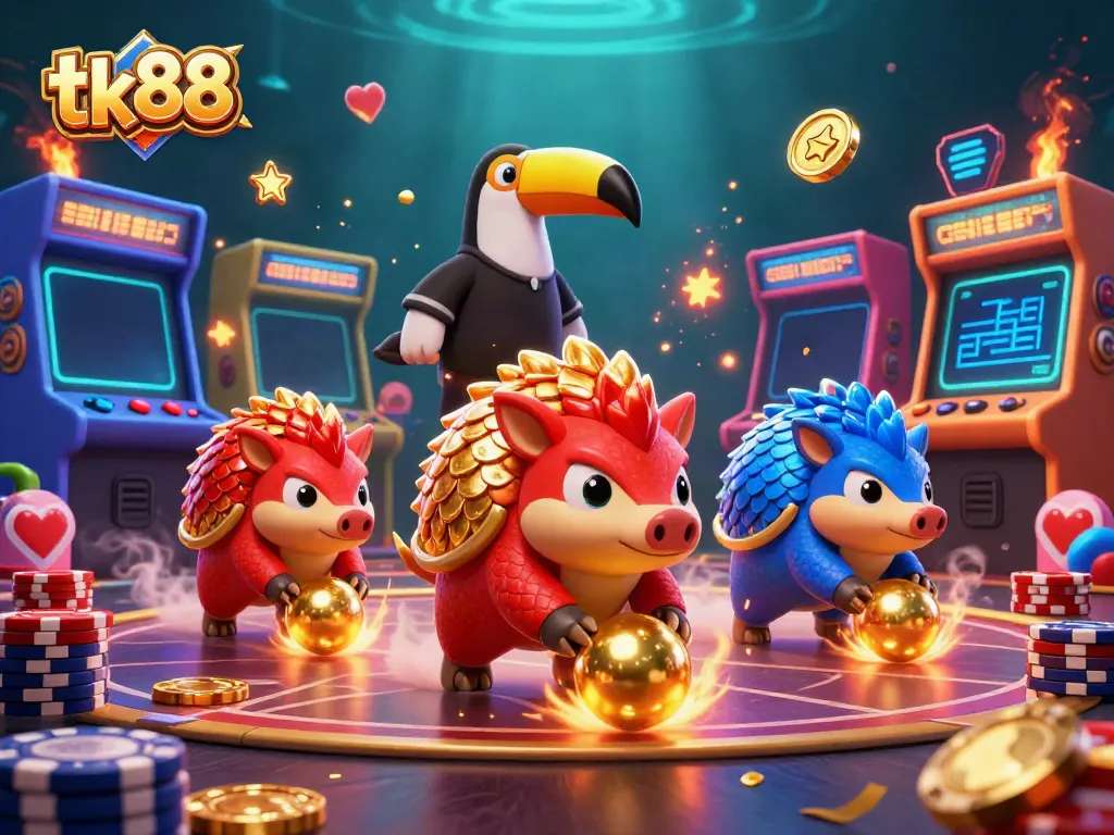 Engaging scene of rival pangolins competing in a tk88 casino game, surrounded by vibrant gambling elements.