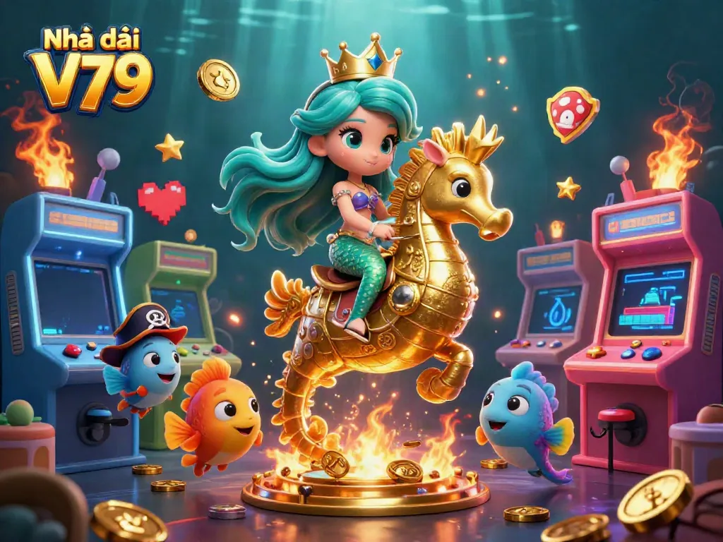 Ná nhà cái V79 features a colorful underwater scene with a mermaid riding a seahorse mascot.