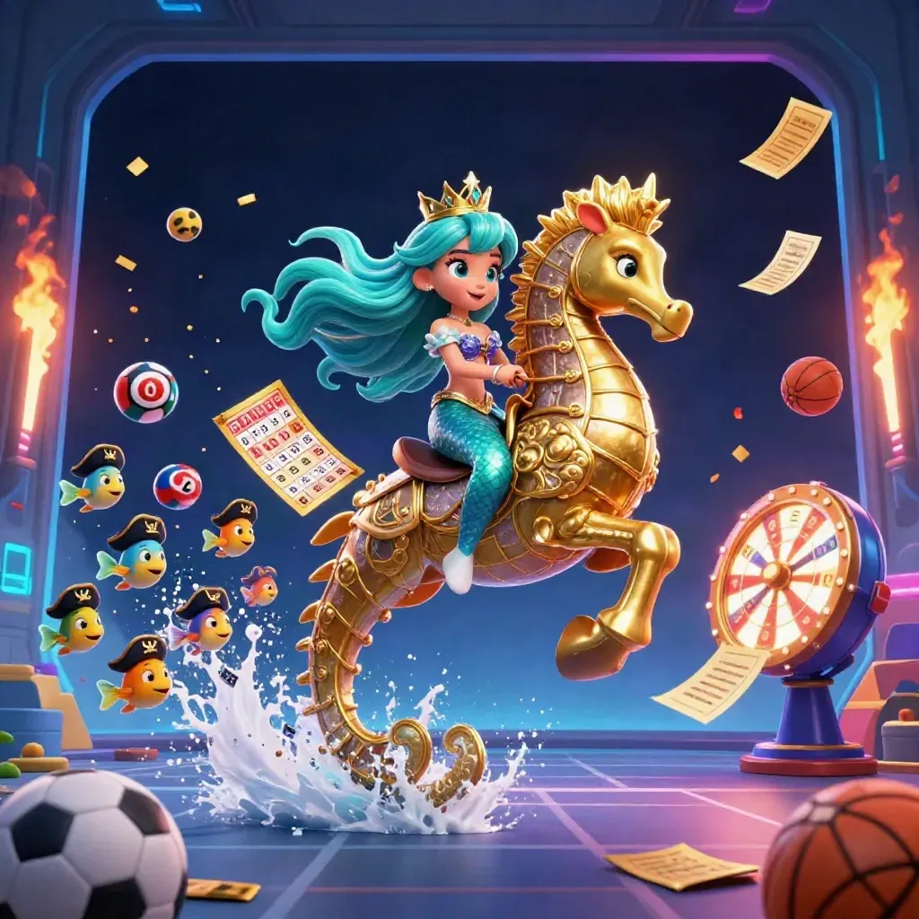 Mermaid princess on armored seahorse amid casino props, neon ice-blue energy, dark cinematic backdrop