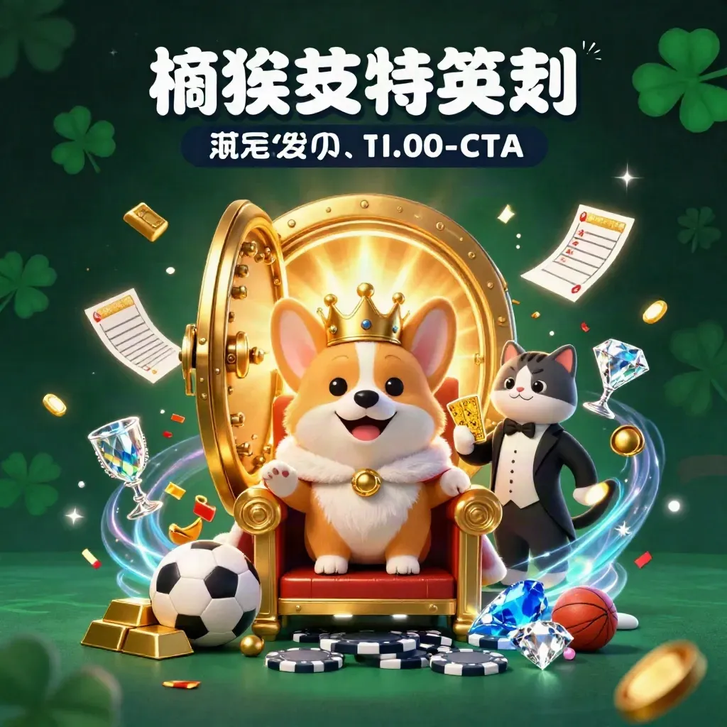 Royal corgi and cat butler on a chip throne as a vault explodes with gold and sports icons.