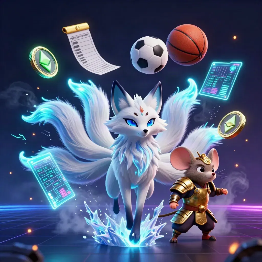 Neon fox spirit, armored mouse, coins, balls and sparks over a dark grid