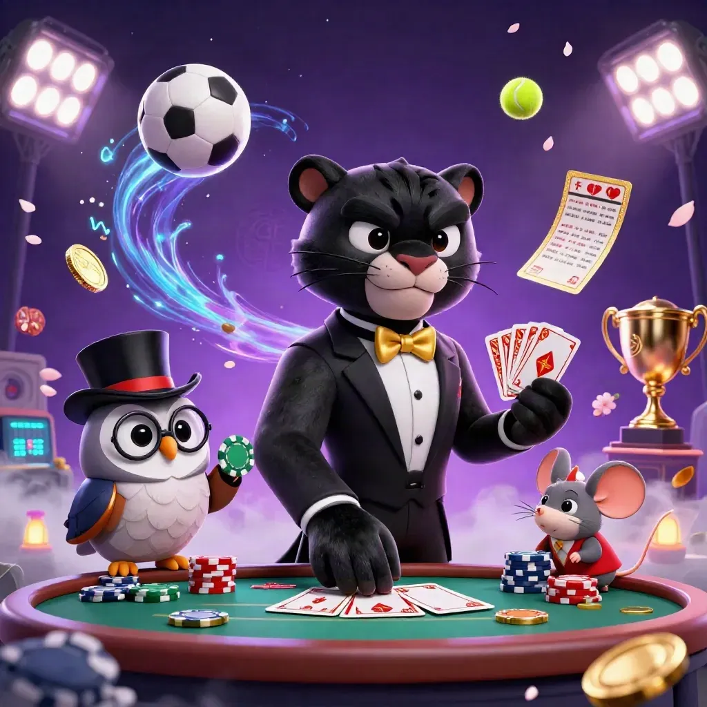 3D panther, owl, and mouse with chips amid flying balls, trophy, coins, and floodlights