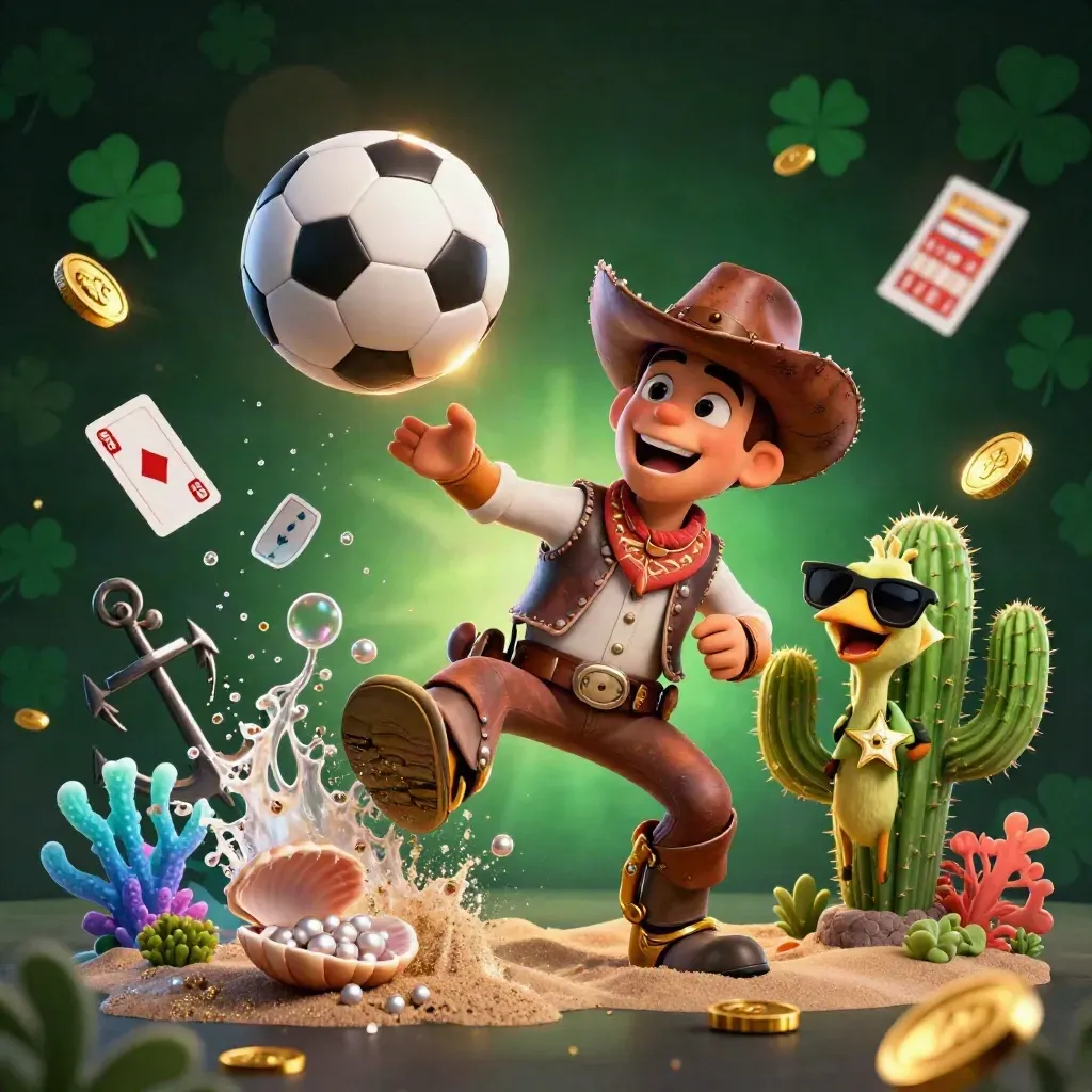 Cowboy T-Rex, cactus, and roadrunner amid flying balls, coins, coral, and treasure lights.
