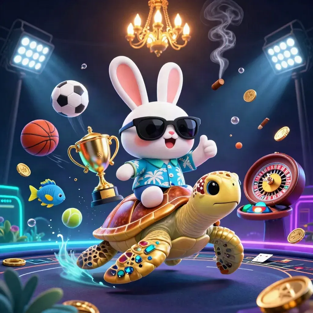 Cartoon lucky rabbit rides a golden sea turtle amid casino lights, sports balls, and neon ocean glow.