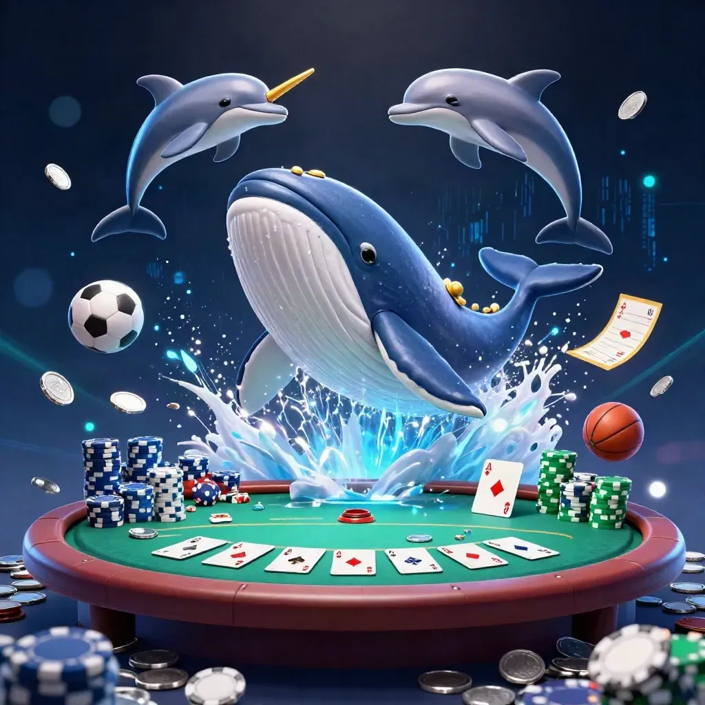 Whale, narwhal, and dolphins burst through coins and chips in a neon casino scene.
