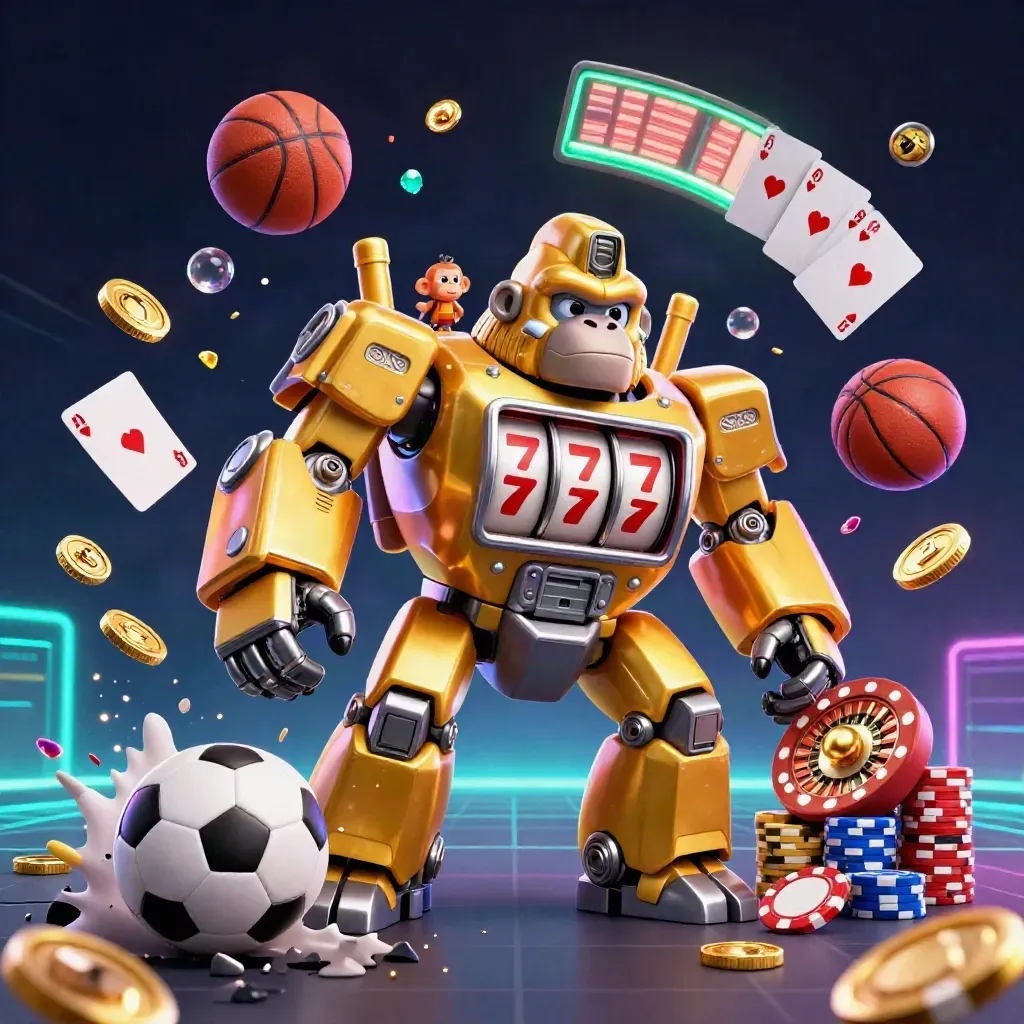 Golden gorilla mech with monkey pilot, flying casino chips, and sports props in a neon sportsbook scene.