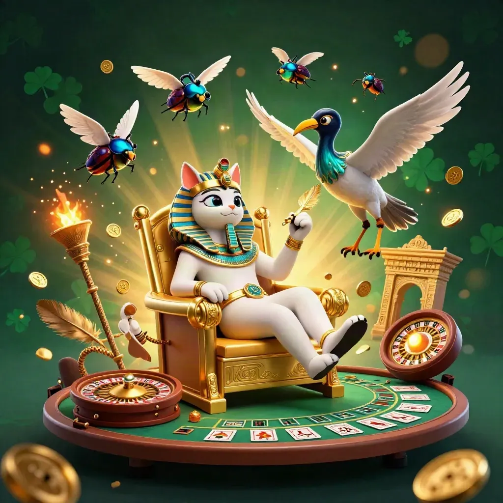 Pharaoh cat, ibis scribe, and gem-wing scarabs in a luxe casino fantasy with gold light and emerald shadows