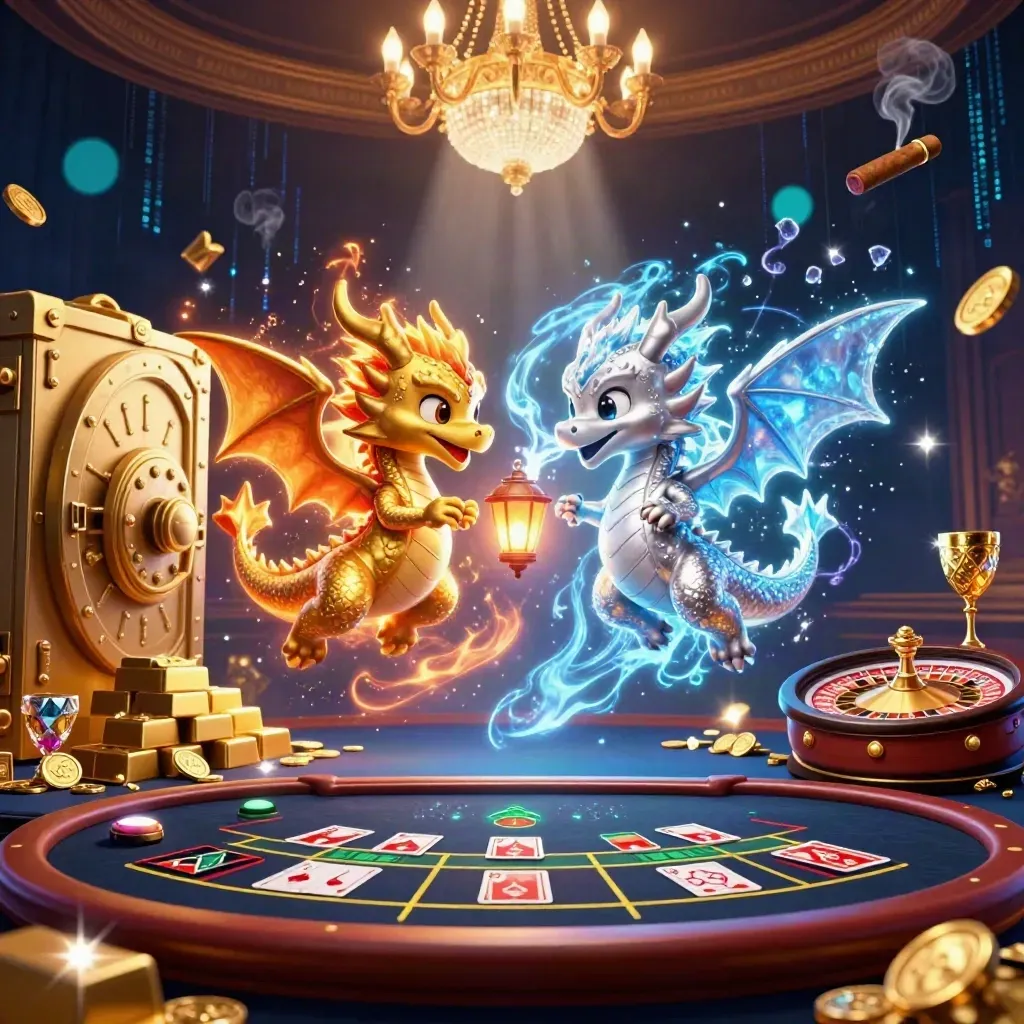 Gold and silver dragons spiral above a vault door in a neon casino of treasure and light.
