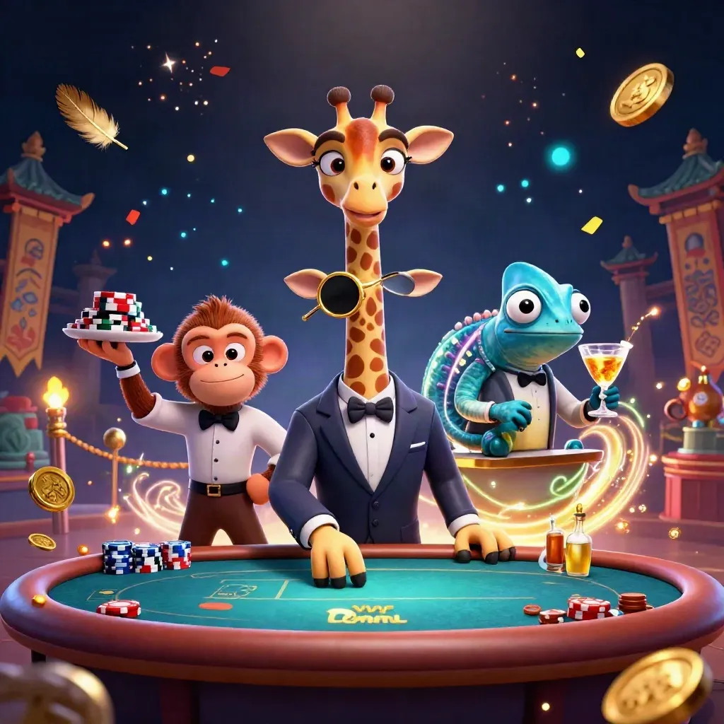 Luxury animal casino scene with giraffe, monkey, and chameleon amid coins, sparks, and a temple gate.