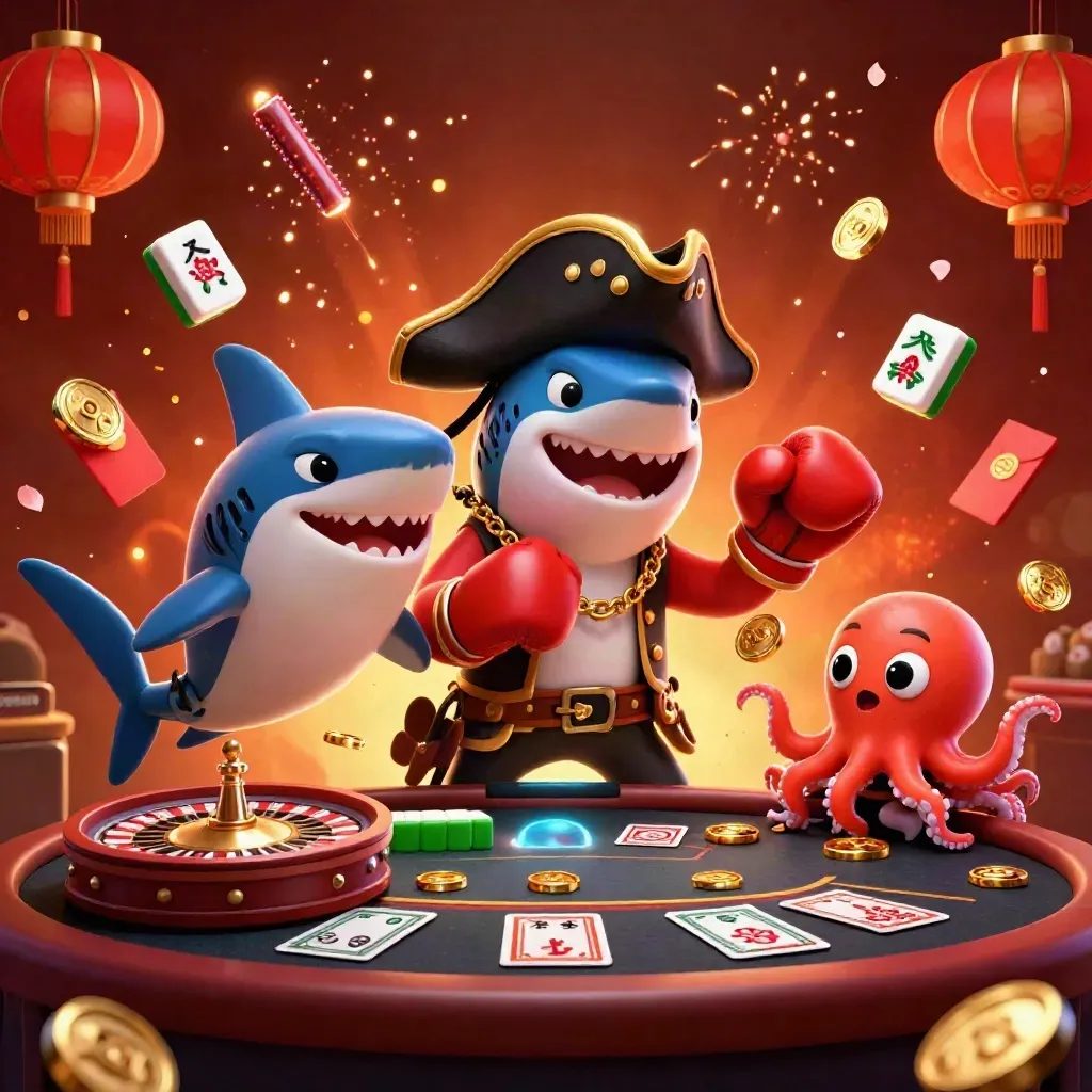 Cartoon shark captain, pufferfish, and octopus in a luxurious casino storm of gold and lantern light.