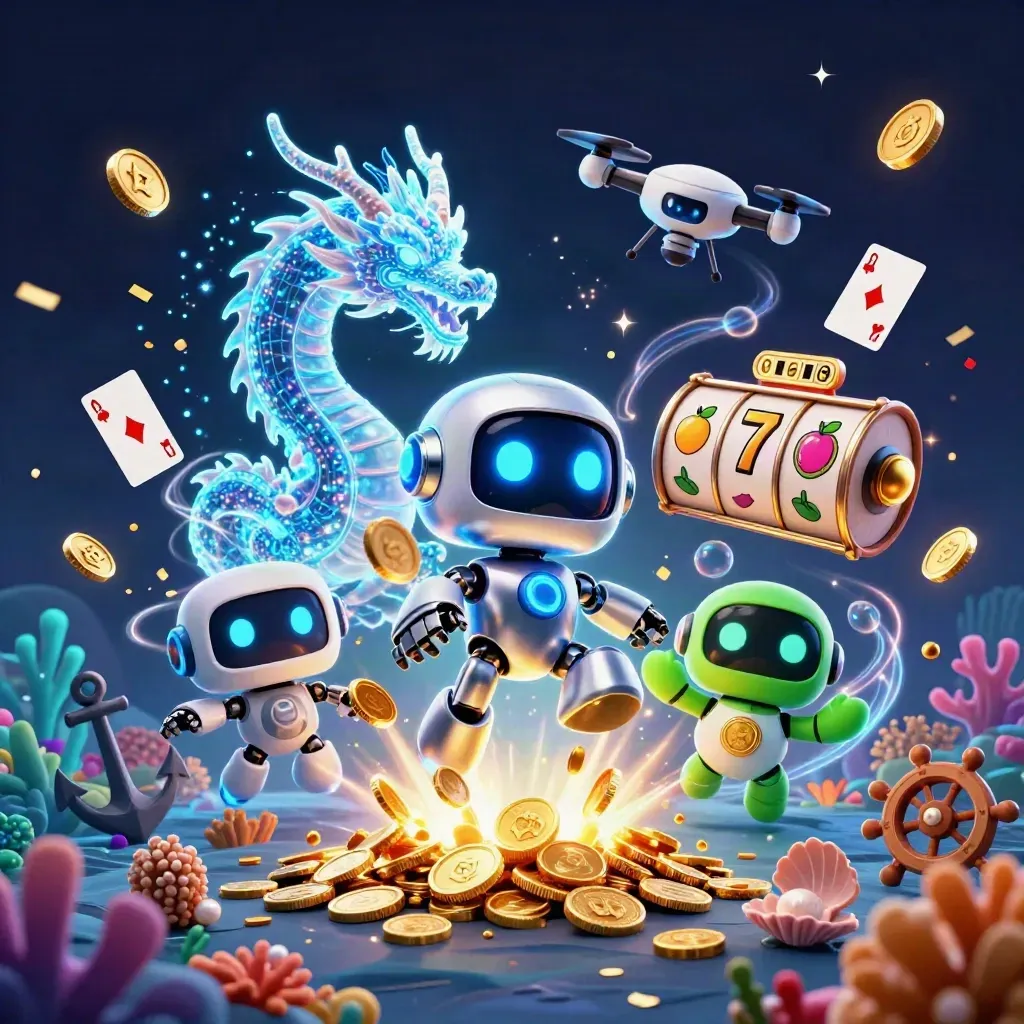 Robot, holographic dragon, and drone in a treasure cove with coins and glowing coral.