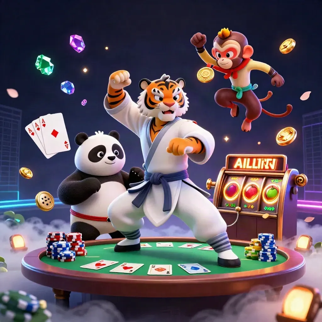 Kung-fu tiger, panda, and monkey amid poker chips, aces, and neon casino energy