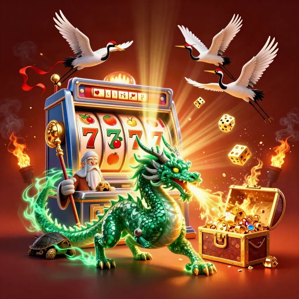 Emerald dragon, turtle sage, and cranes amid exploding slot machine treasure.