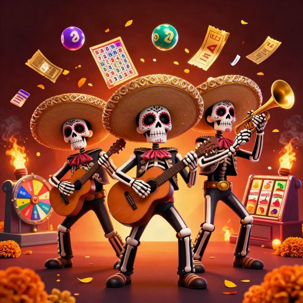 Skeleton mariachi trio amid lottery balls, prize wheel, tickets and ember-lit neon casino glow.