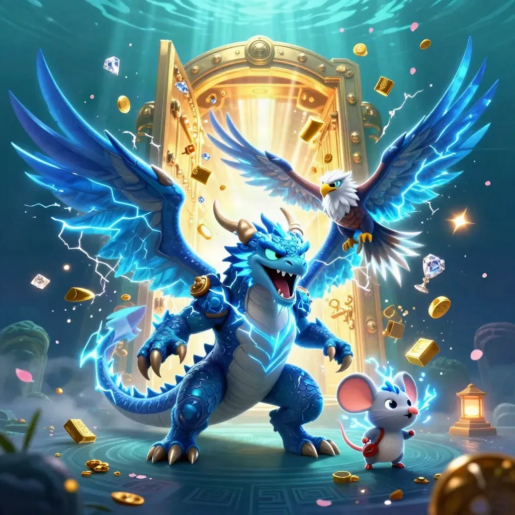 Thunder dragon, hawk, and mouse burst from a treasure vault with gems and lightning.