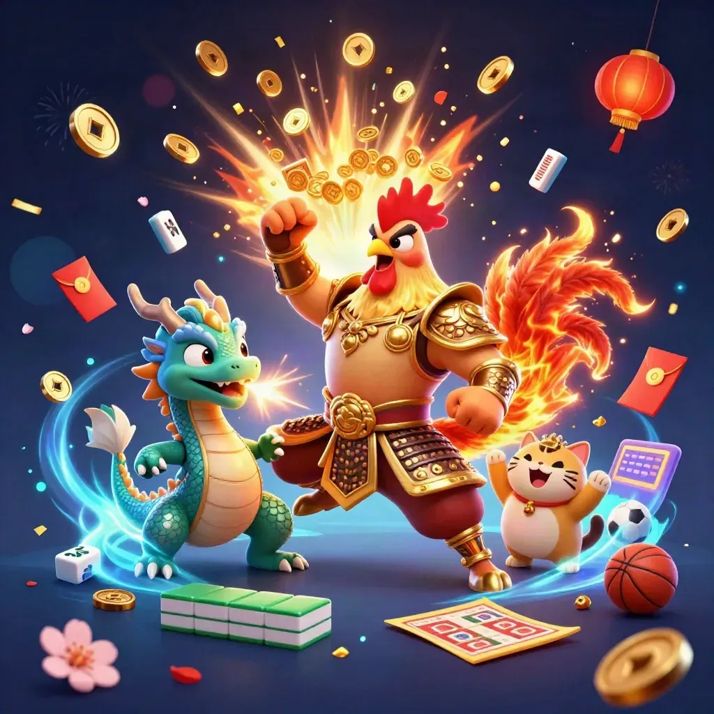Rooster warrior, dragon hatchling, and fortune-cat amid casino celebration, coins, fireworks, and sports icons.