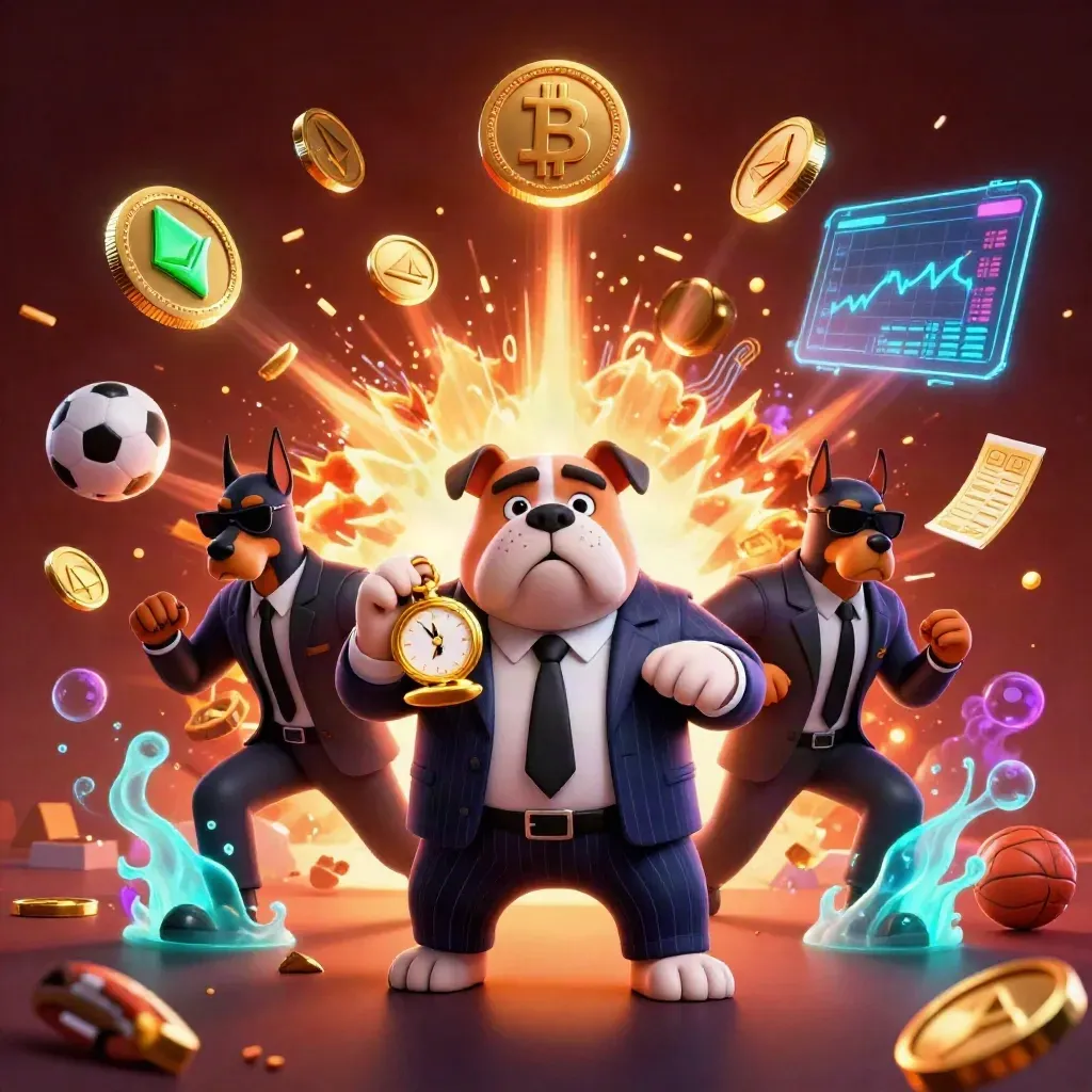 Bulldog boss and Dobermans burst from a vault amid coins, crypto, sports icons, fire, and neon light.