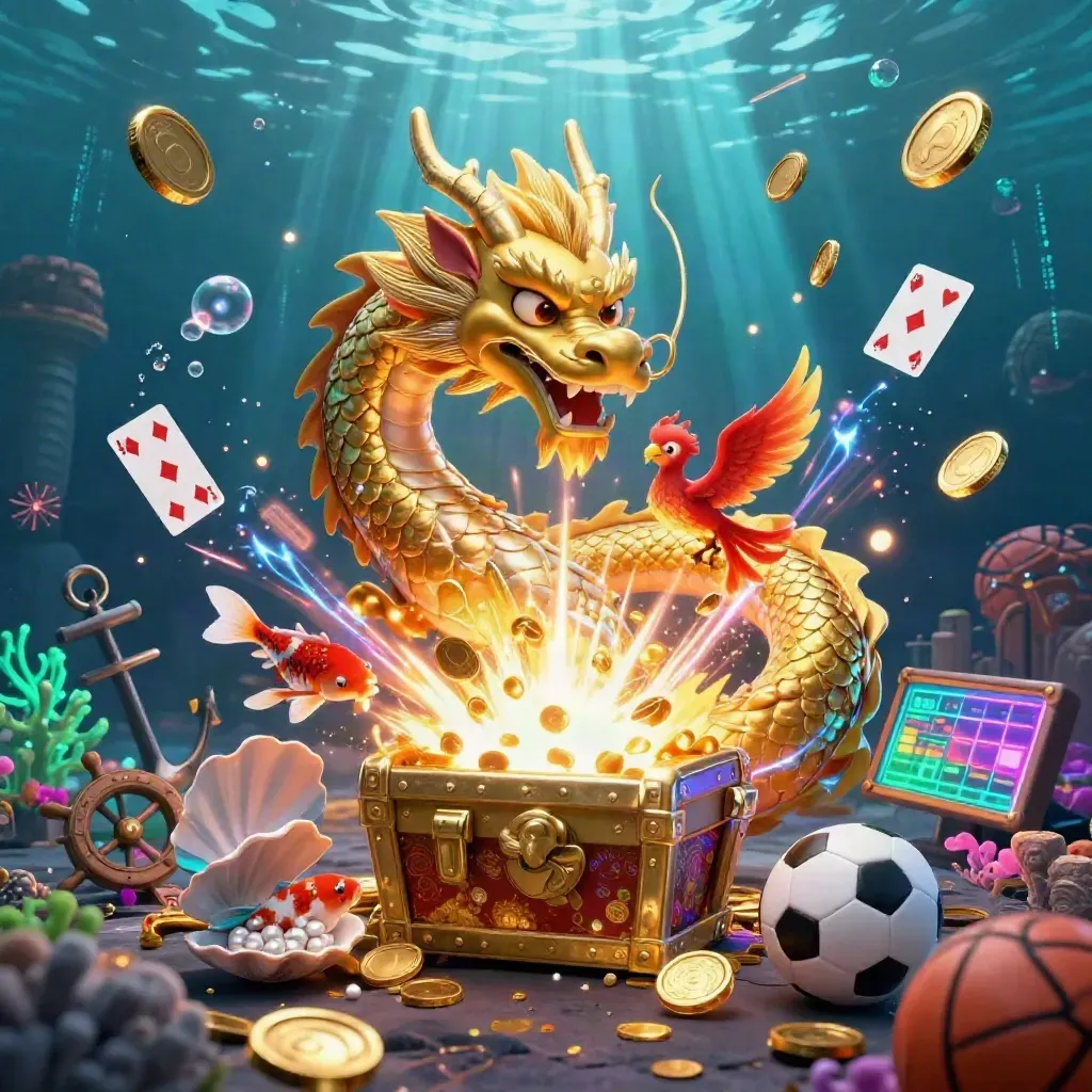 Golden dragon with phoenix and koi amid coins, coral, sports props, and underwater casino energy.