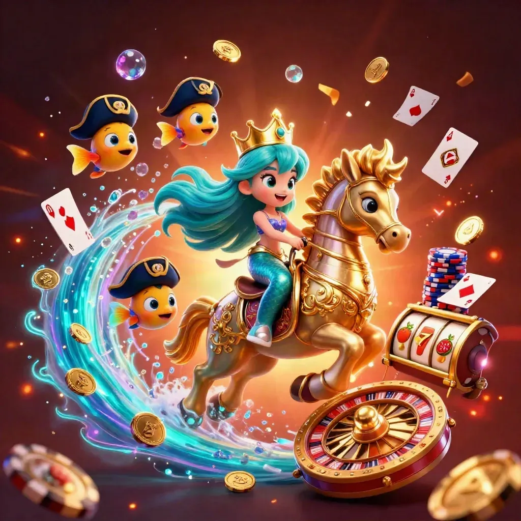 Mermaid princess rides a golden seahorse amid coins, cards, chips, and glowing slot reels.