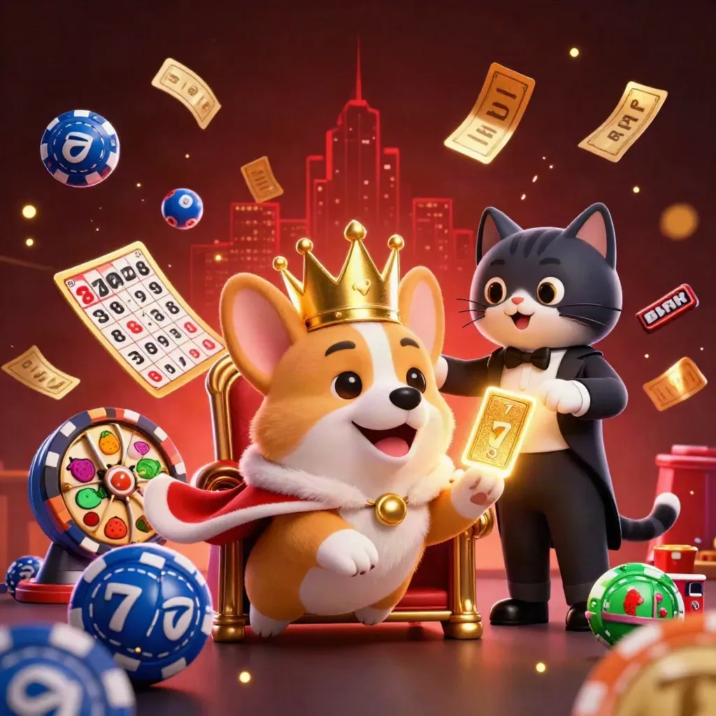 Royal corgi king and cat butler on a chip throne with casino symbols bursting around them.