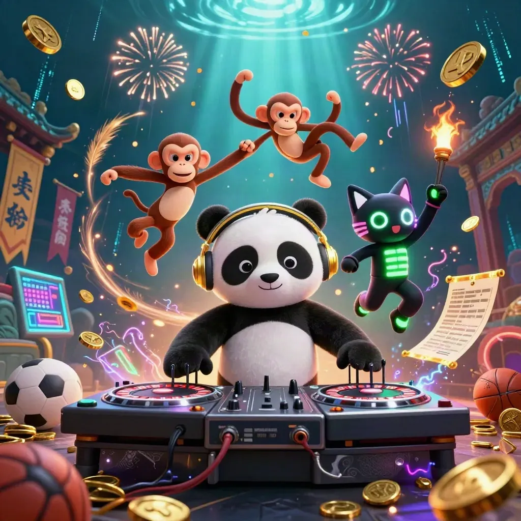 DJ panda, monkey, and glow-stick kitten amid coins, temple gate, neon energy, and fireworks