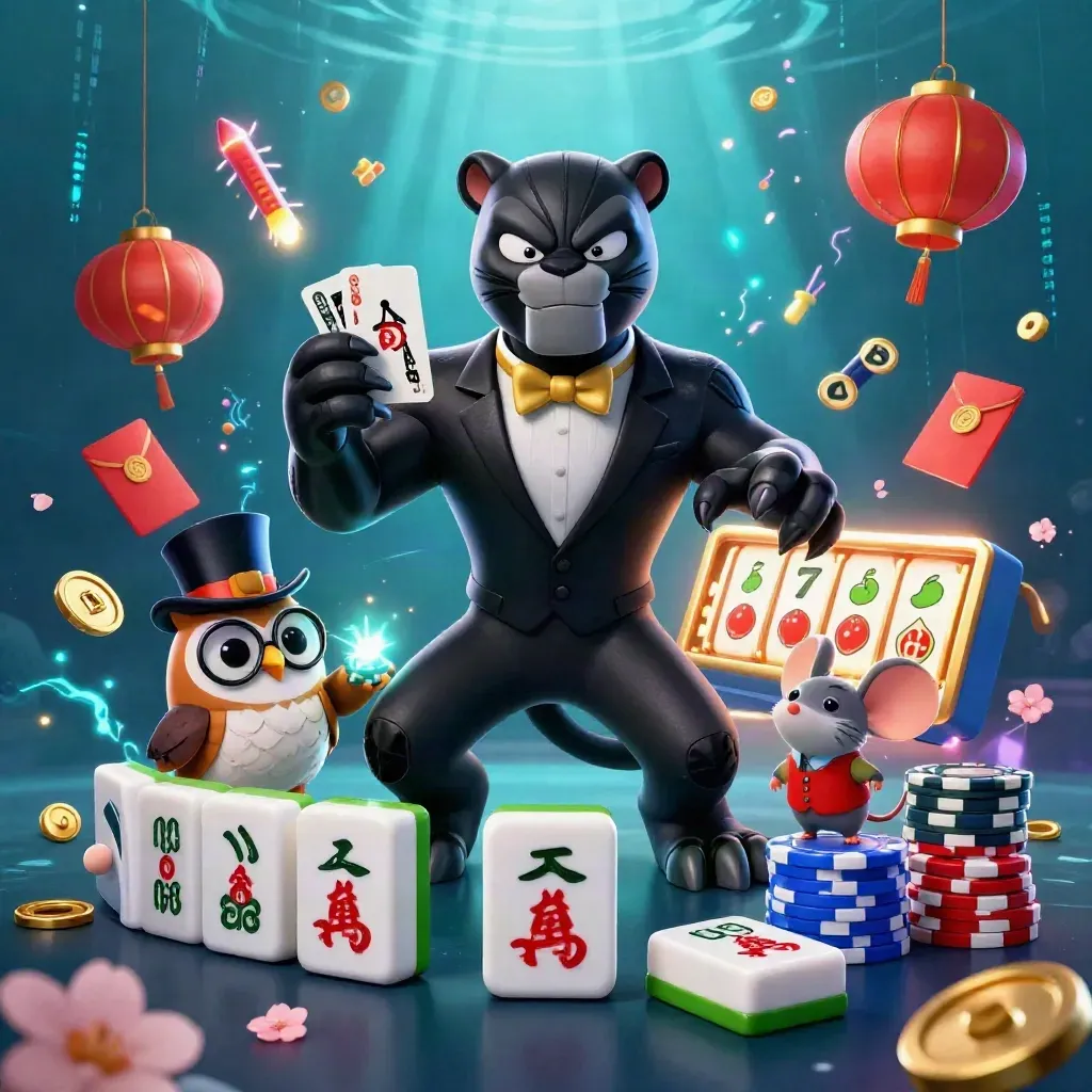 Panther, owl, and mouse amid glowing chips, reels, lanterns, and neon casino effects.