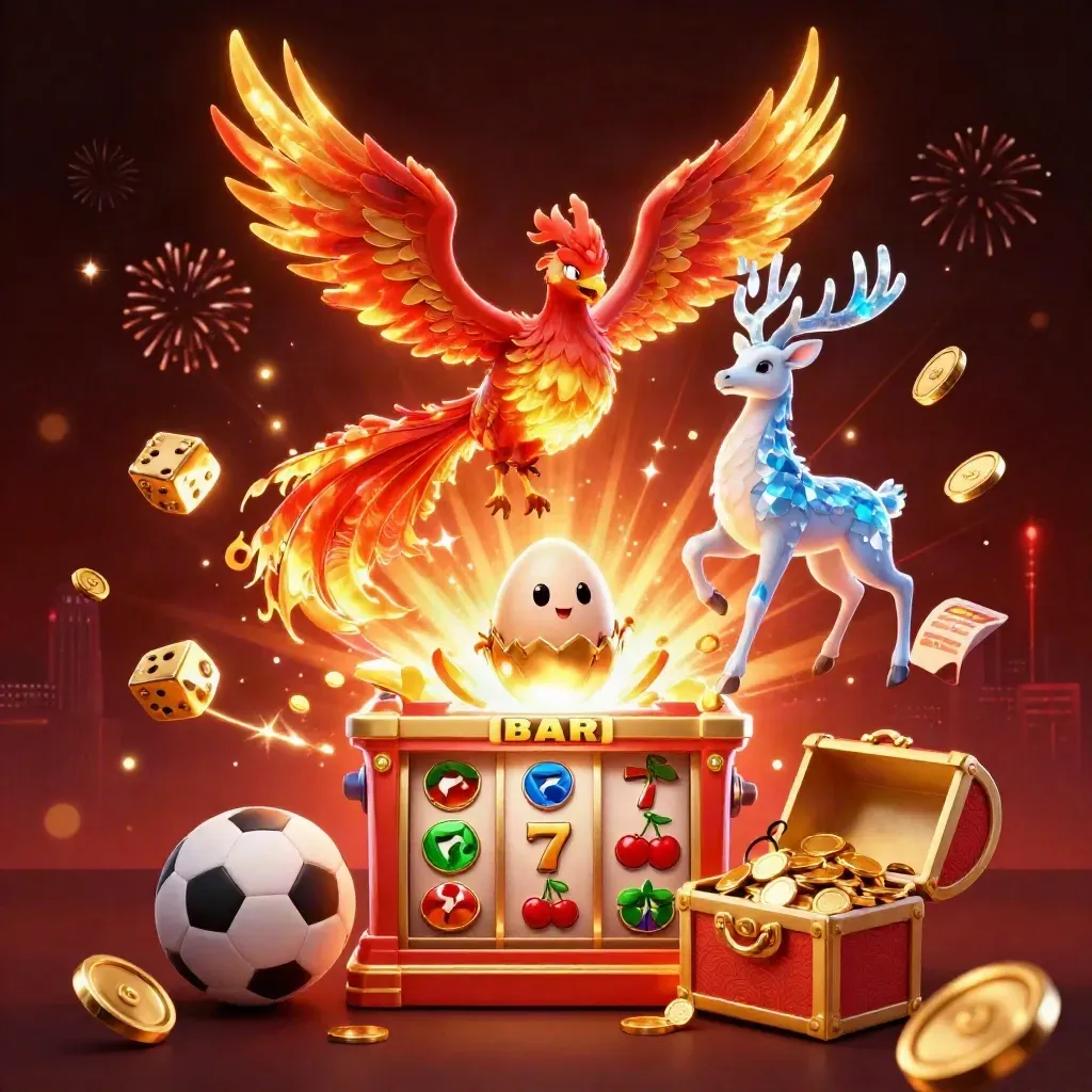 Phoenix trio bursts from slot machine with gold coins, treasure, fireworks, and sports-bet icons.