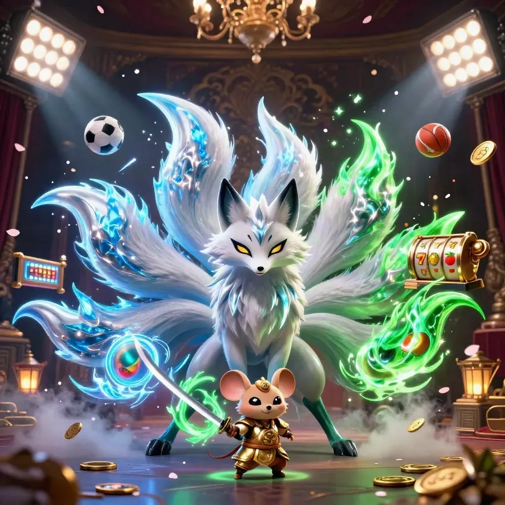 Nine-tailed fox spirit and samurai mouse amid casino lights, balls, coins, and glowing runes.