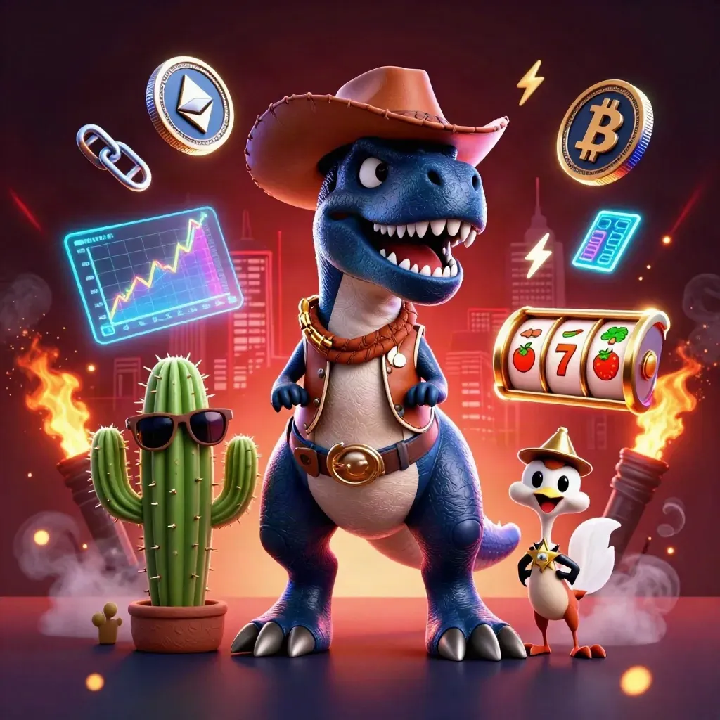3D cowboy T-Rex with cactus sidekick and sheriff roadrunner amid casino coins and lightning