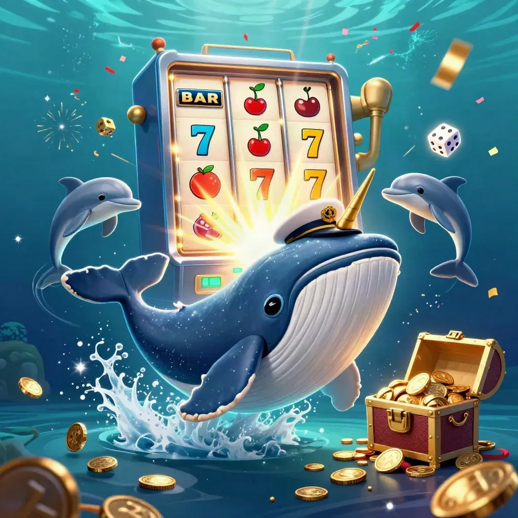 Whale captain, narwhal, dolphins, slot burst, coins, gold chest, underwater casino glow.