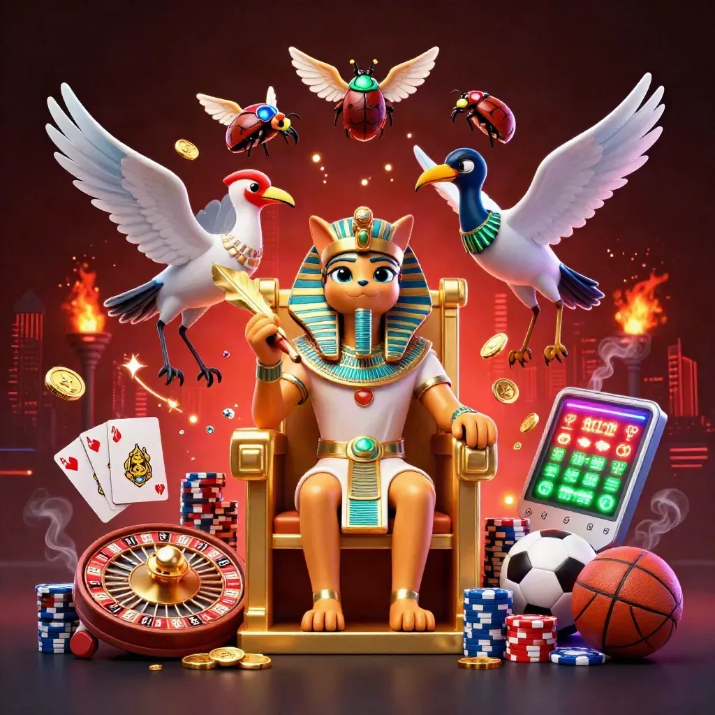 Pharaoh cat, ibis scribe, and gem-winged scarabs amid casino gold, chips, cards, and neon light.