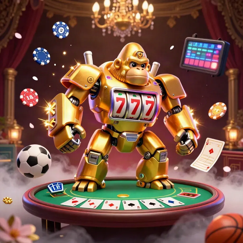 Golden gorilla mech with monkey pilot, poker chips, cards, and sports betting icons on a luxe dark backdrop.