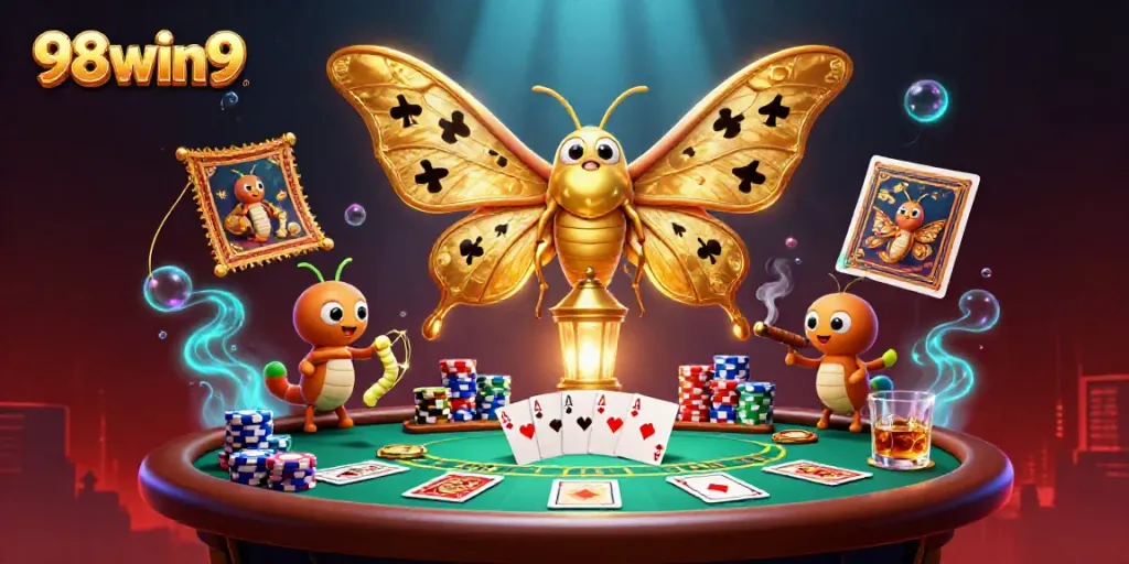 Experience epic gaming with 98win9, showcasing vibrant casino elements and thrilling poker action.