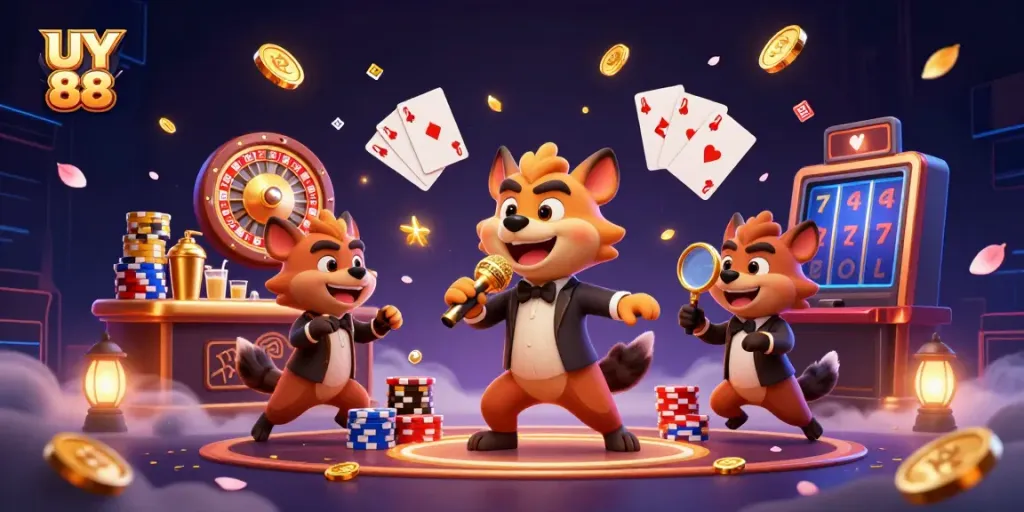 Engaging UY 88 casino scene with hyenas mixing drinks and joking, adorned with coins and vibrant colors.
